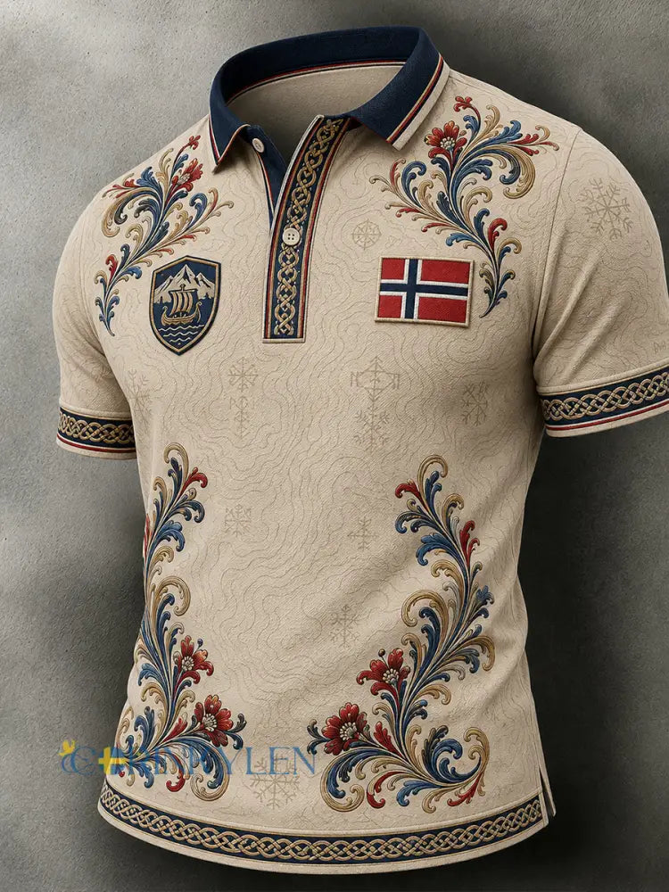 Herrpolotröja i retro nordisk stil med norsk konsttryck avslappnad stil - A / S