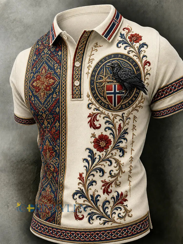 Herrpolotröja i retro nordisk stil med norsk konsttryck avslappnad stil - A / S