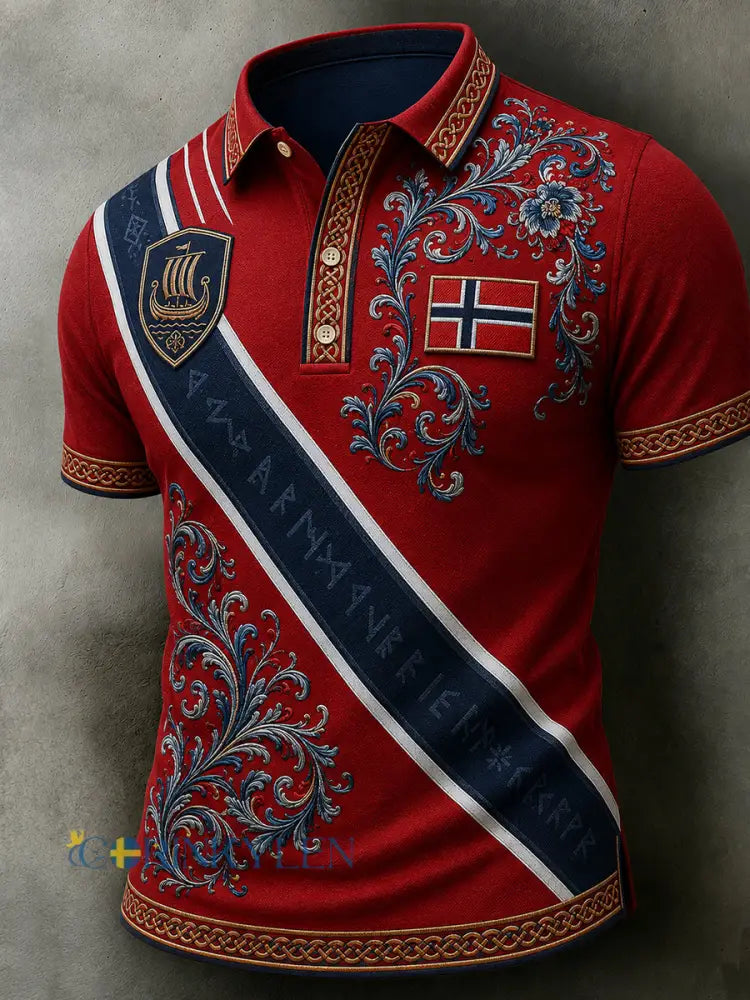 Herrpolotröja i retro nordisk stil med norsk konsttryck avslappnad stil - A / S