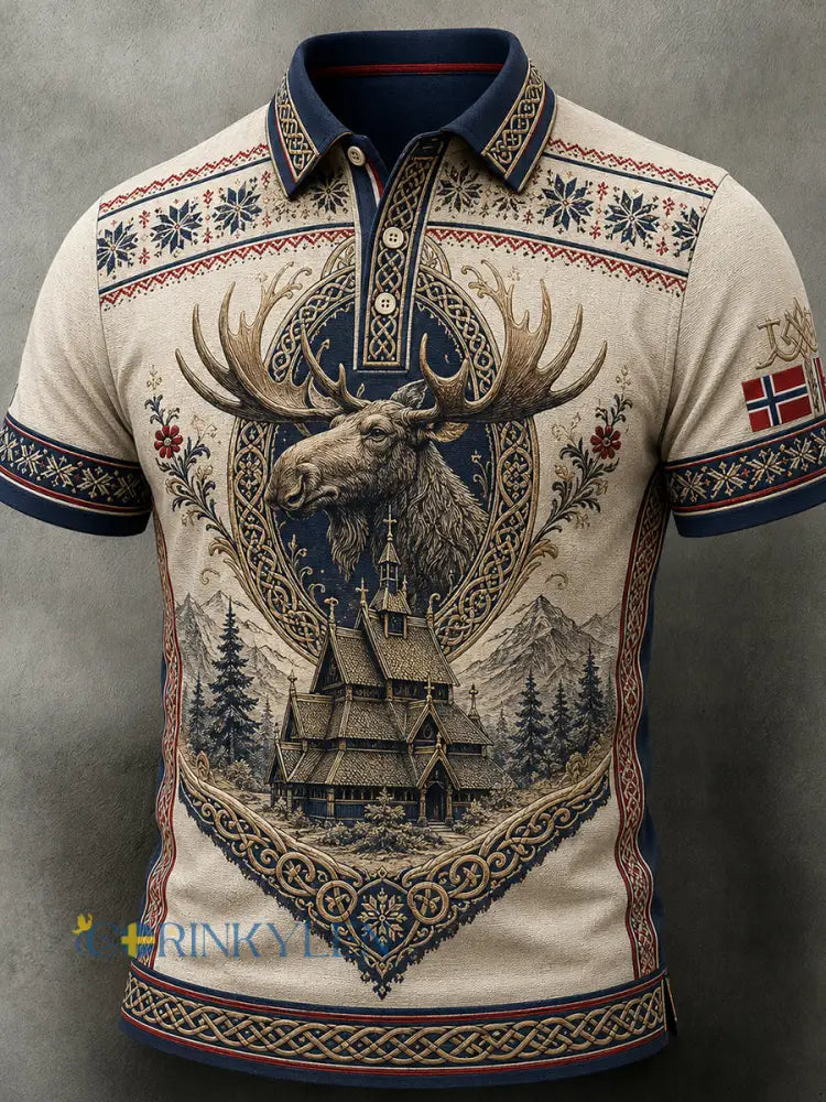 Herrpolotröja i retro nordisk stil med norsk konsttryck avslappnad stil - A / S