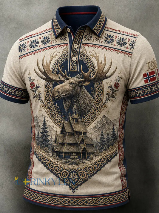 Herrpolotröja i retro nordisk stil med norsk konsttryck avslappnad stil - A / S