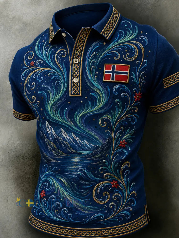 Herrpolotröja i retro nordisk stil med norsk konsttryck avslappnad stil - A / S