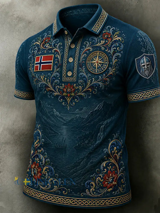 Herrpolotröja i retro nordisk stil med norsk konsttryck avslappnad stil - A / S