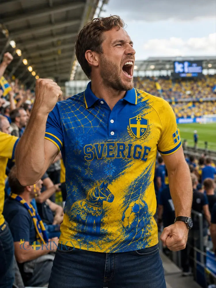 Herrpolotröja i retrostil med fotbollselement kortärmad och avslappnad stil