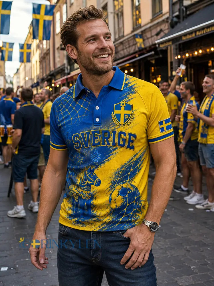 Herrpolotröja i retrostil med fotbollselement kortärmad och avslappnad stil