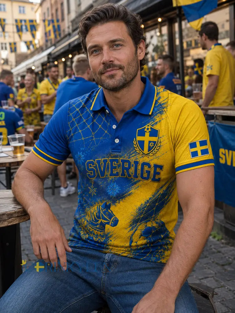 Herrpolotröja i retrostil med fotbollselement kortärmad och avslappnad stil
