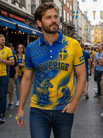 Herrpolotröja i retrostil med fotbollselement kortärmad och avslappnad stil