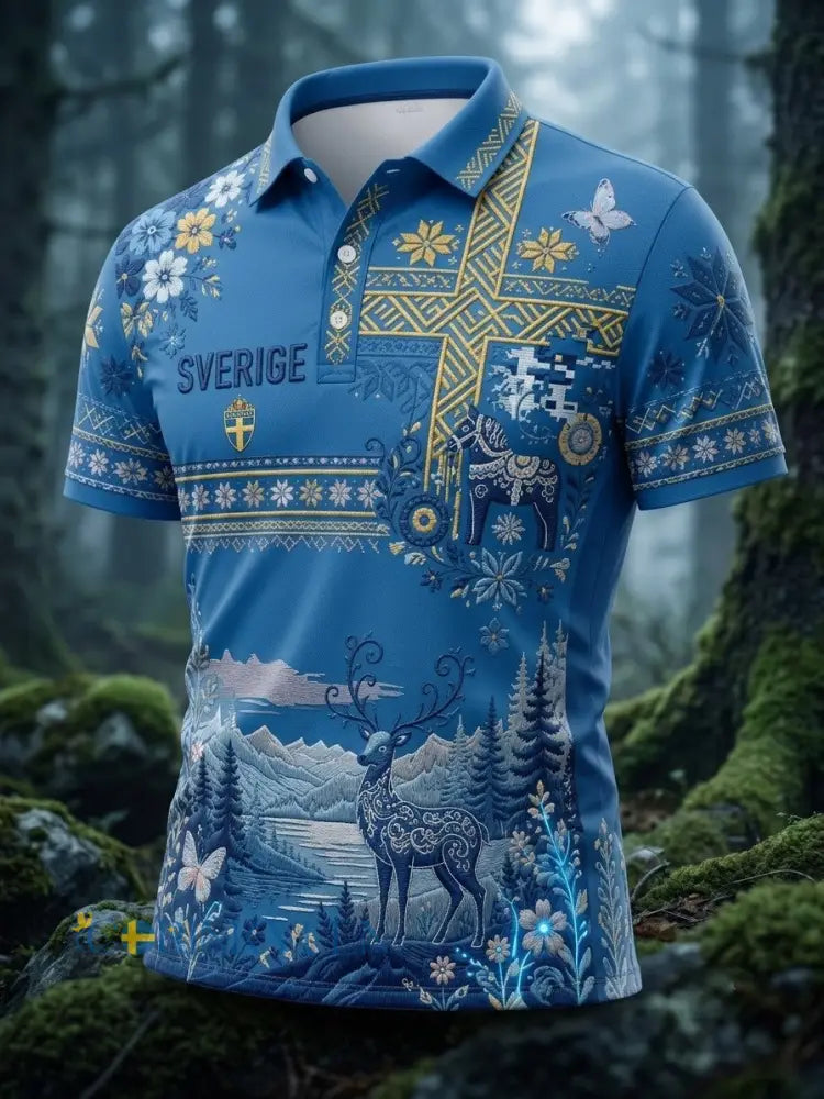 Herrpolotröja i retrostil med svensk midsommar- och blommönster sportig kortärmad - blå / S