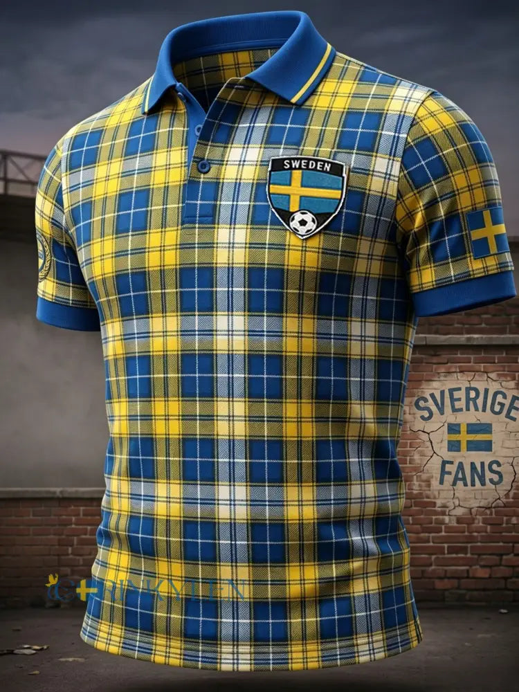 Herrpolotröja i retrostil med svensk rutmönster och fotbollsmotiv - gul / S