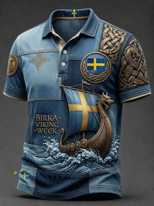 Herrpolotröja i retrostil med svensk vikingamotiv - blå / S
