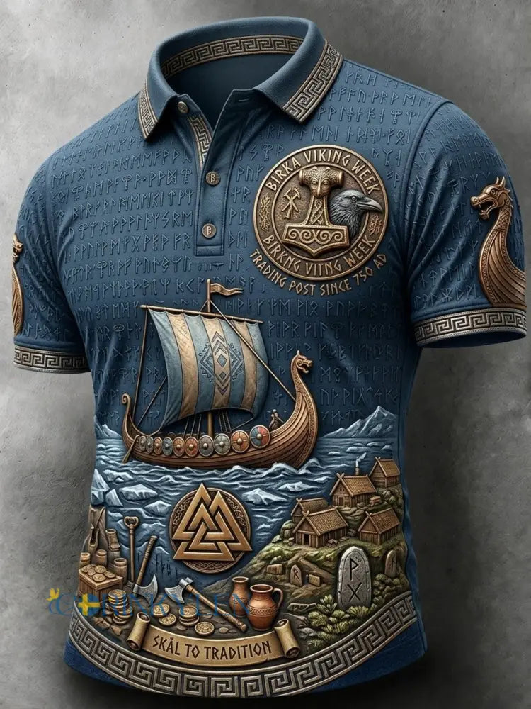 Herrpolotröja i retrostil med svensk vikingamotiv - blå / S