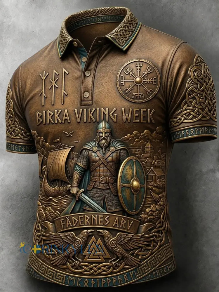 Herrpolotröja i retrostil med svensk vikingamotiv - brun / S