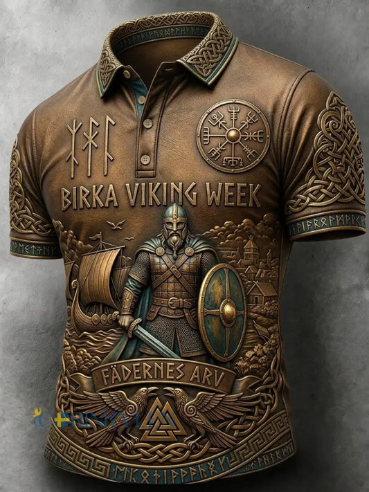 Herrpolotröja i retrostil med svensk vikingamotiv - brun / S