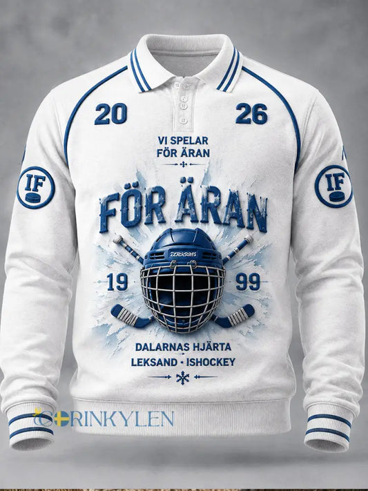 Herrpolotröja i schweizisk ishockeystil från Leksands IF tryckt och avslappnad med lång ärm - vitt / S