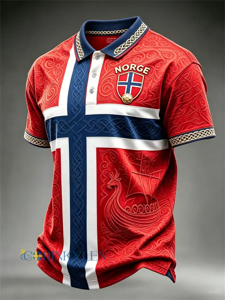 Herrpolotröja med fotbollsmotiv från Norge vikingaskepp keltiskt mönster och färgblockdesign - röd / S