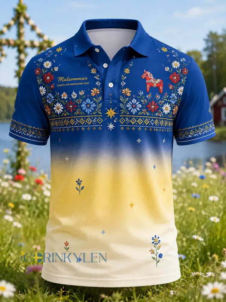 Herrpolotröja med konsttryck från den svenska midsommarfesten - A / S
