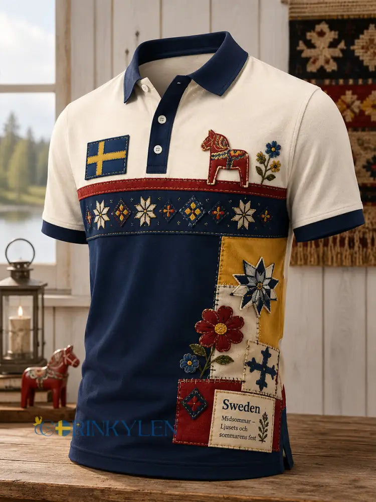 Herrpolotröja med konsttryck från den svenska midsommarfesten - A / S
