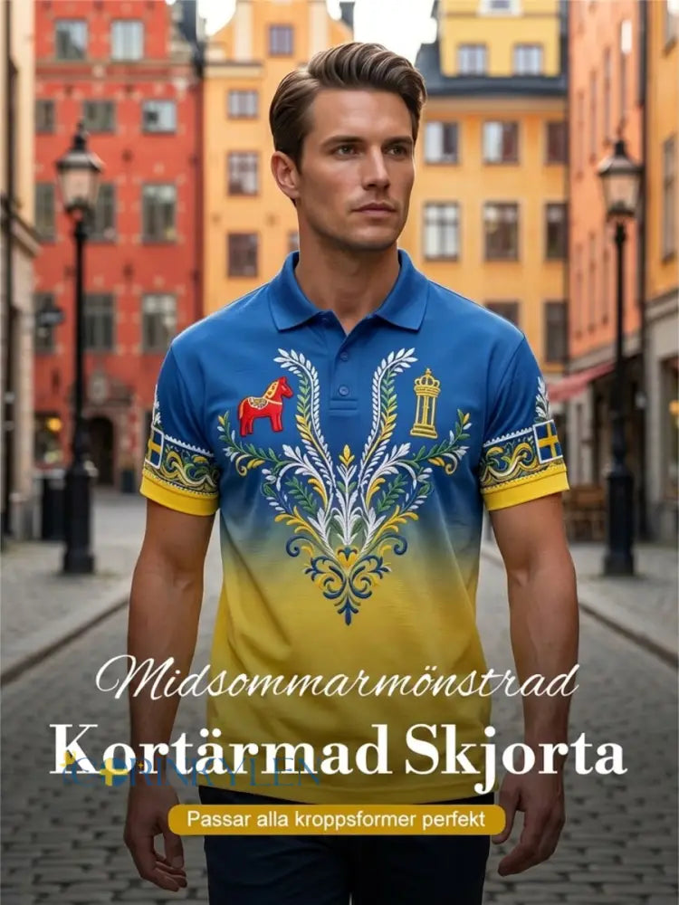 Herrpolotröja med konsttryck som hyllar den svenska midsommarfesten