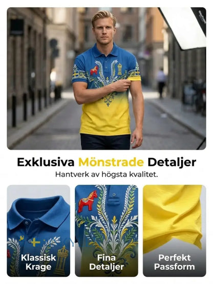 Herrpolotröja med konsttryck som hyllar den svenska midsommarfesten