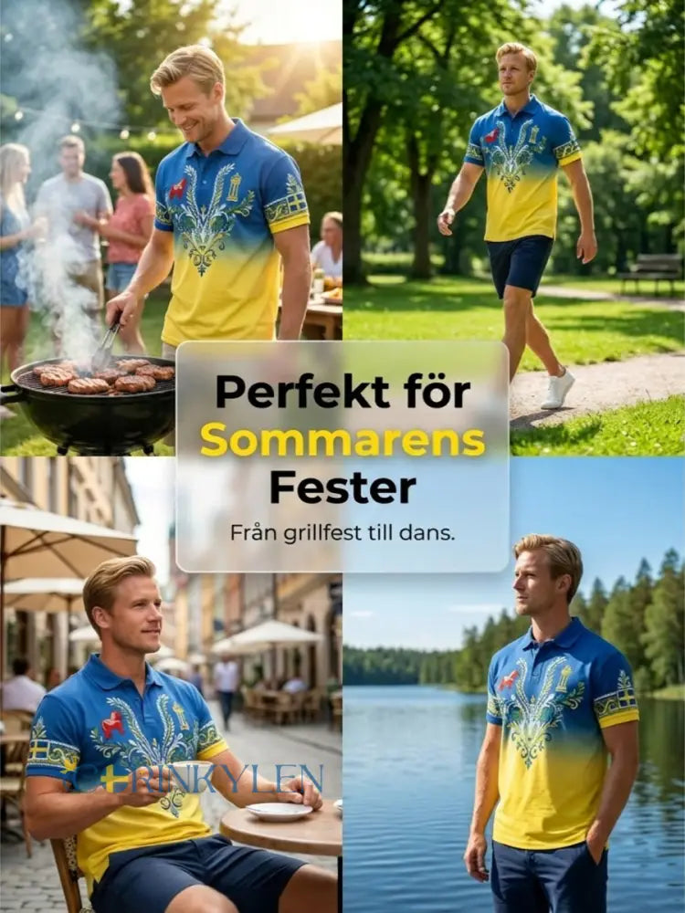 Herrpolotröja med konsttryck som hyllar den svenska midsommarfesten