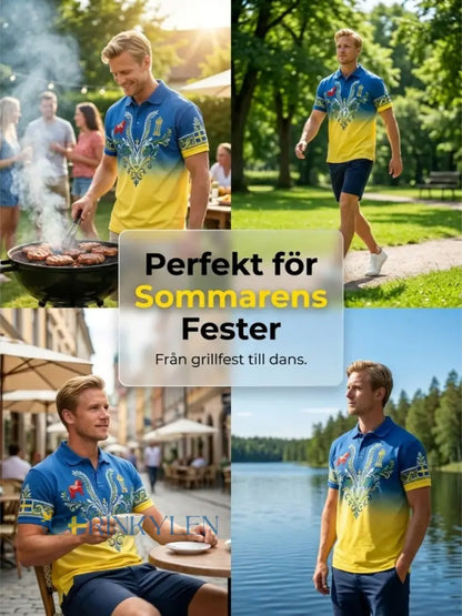 Herrpolotröja med konsttryck som hyllar den svenska midsommarfesten