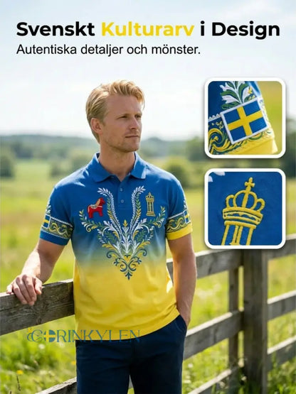 Herrpolotröja med konsttryck som hyllar den svenska midsommarfesten