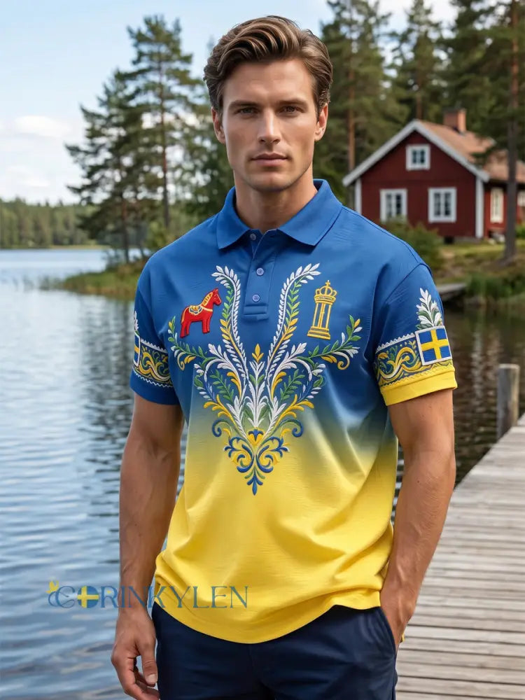 Herrpolotröja med konsttryck som hyllar den svenska midsommarfesten