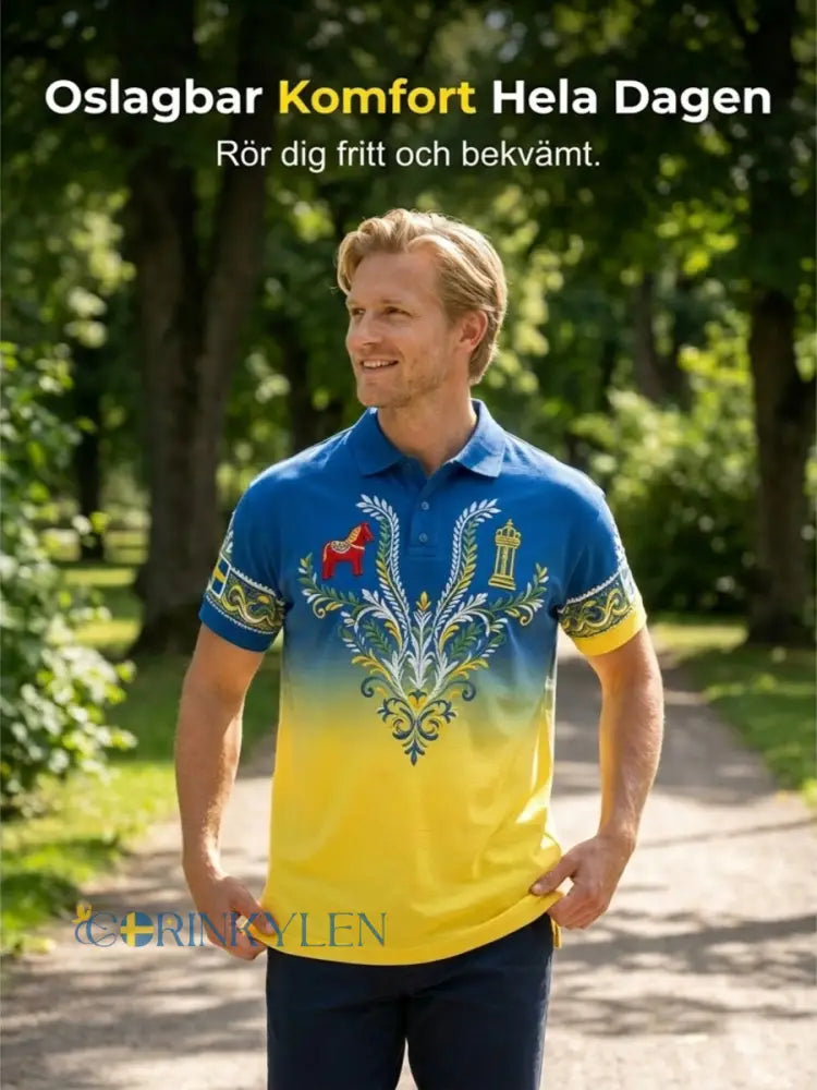 Herrpolotröja med konsttryck som hyllar den svenska midsommarfesten