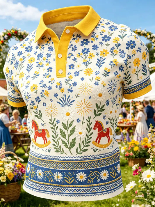 Herrpolotröja med konsttryck som hyllar den svenska midsommarfesten - A / S