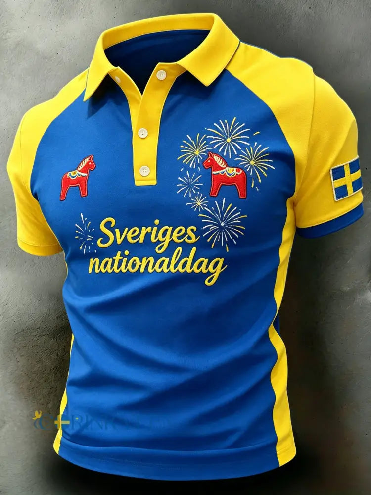 Herrpolotröja med konsttryck – Svensk midsommarfest - A / S