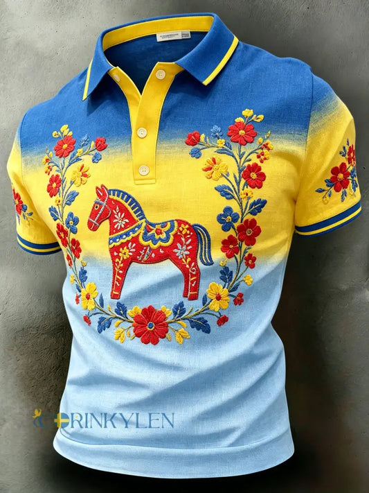 Herrpolotröja med konsttryck – Svensk midsommarfest - A / S