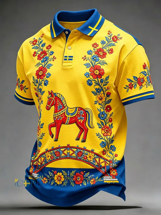 Herrpolotröja med konsttryck – Svensk midsommarfest - A / S