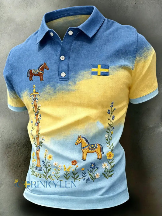 Herrpolotröja med konsttryck – Svensk midsommarfest - A / S