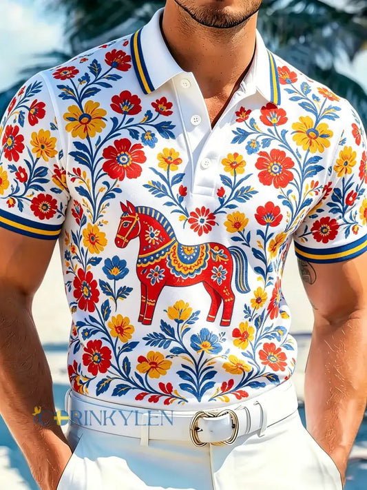 Herrpolotröja med konsttryck – Svensk midsommarfest - A / S