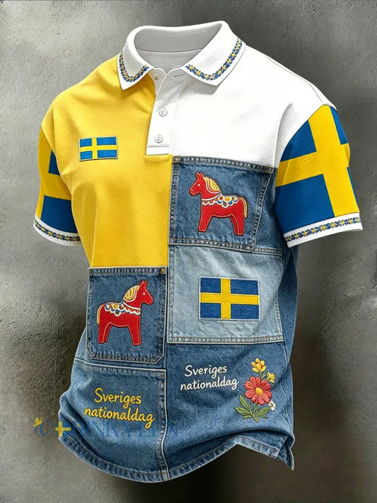 Herrpolotröja med konsttryck – Svensk midsommarfest - A / S