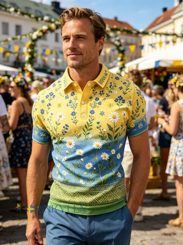 Herrpolotröja med konsttryck – Svensk midsommarfest - B / S