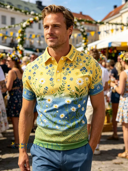 Herrpolotröja med konsttryck – Svensk midsommarfest - B / S