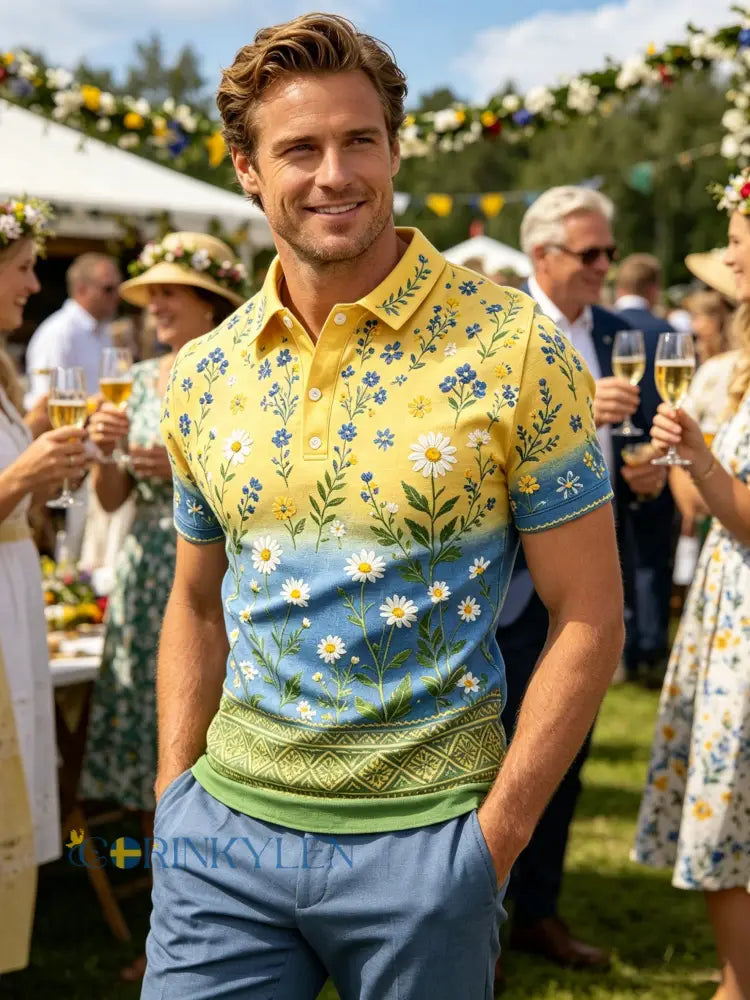 Herrpolotröja med konsttryck – Svensk midsommarfest - C / S