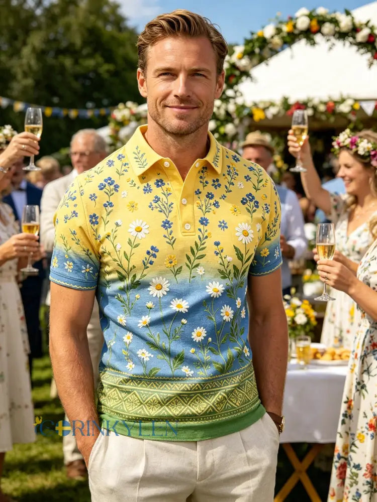 Herrpolotröja med konsttryck – Svensk midsommarfest - D / S