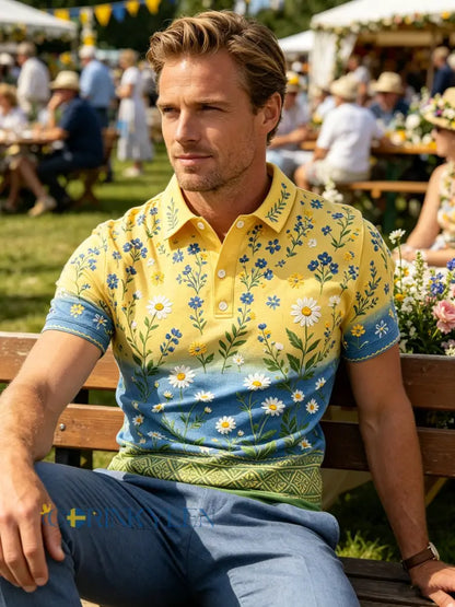 Herrpolotröja med konsttryck – Svensk midsommarfest - E / S