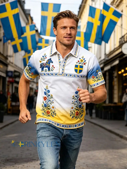 Herrpolotröja med konsttryck till minne av den svenska högtiden - D / S
