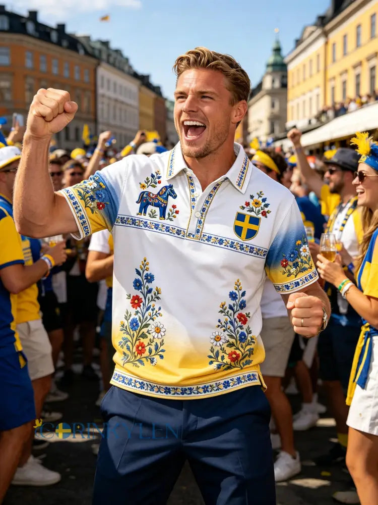 Herrpolotröja med konsttryck till minne av den svenska högtiden - E / S