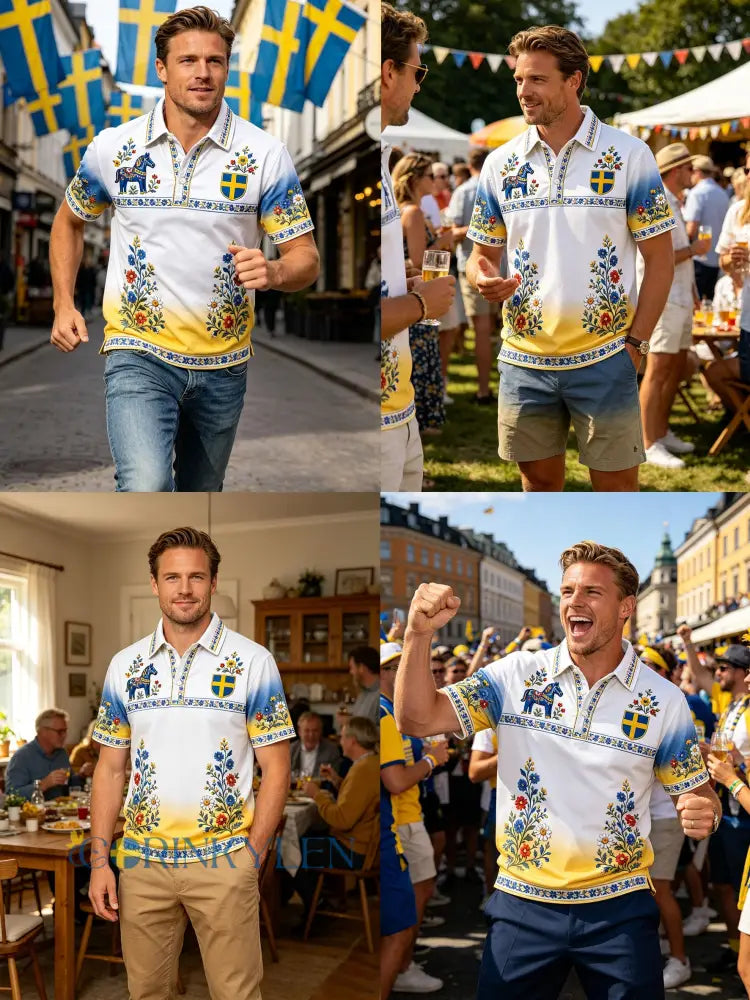 Herrpolotröja med konsttryck till minne av den svenska högtiden - F / S