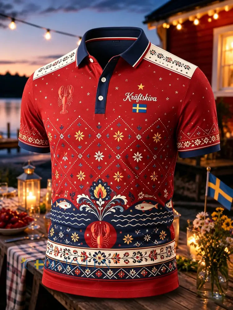 Herrpolotröja med konsttryck till minne av den svenska hummerfestivalen - A / S