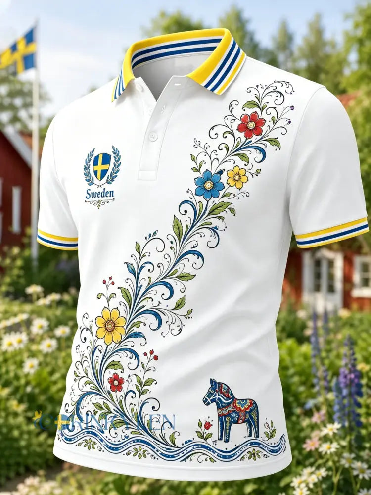 Herrpolotröja med konsttryck till minne av den svenska midsommarfesten - A / S