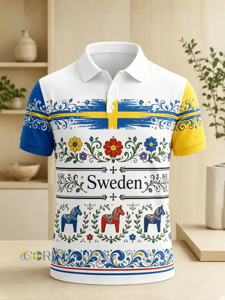 Herrpolotröja med konsttryck till minne av den svenska midsommarfesten - A / S