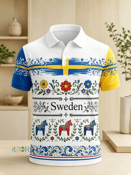 Herrpolotröja med konsttryck till minne av den svenska midsommarfesten - A / S
