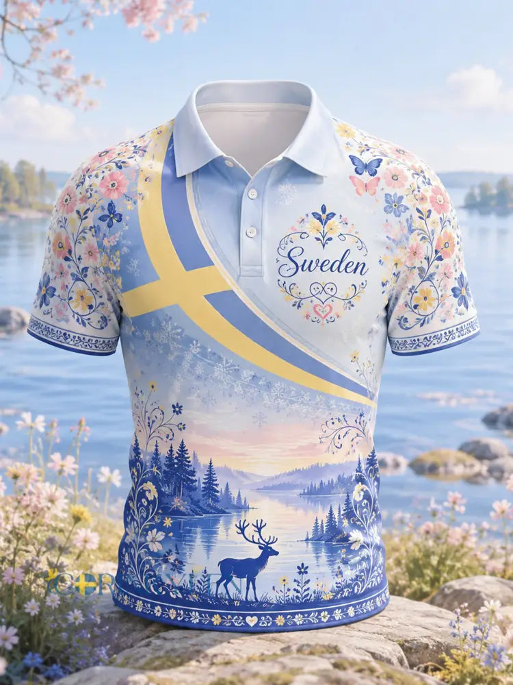 Herrpolotröja med konsttryck till minne av den svenska midsommarfesten - A / S