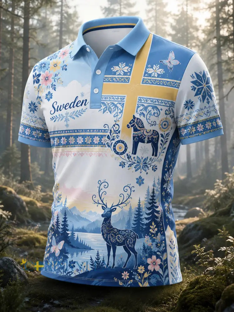 Herrpolotröja med konsttryck till minne av den svenska midsommarfesten - A / S
