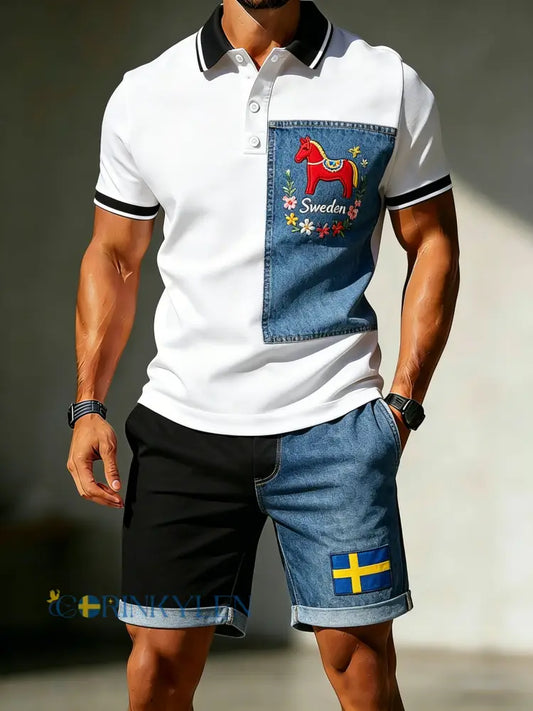 Herrpolotröja med konsttryck till minne av den svenska midsommarfesten - A / S